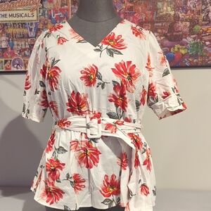 Elegant Floral V-Neck Belted Blouse
